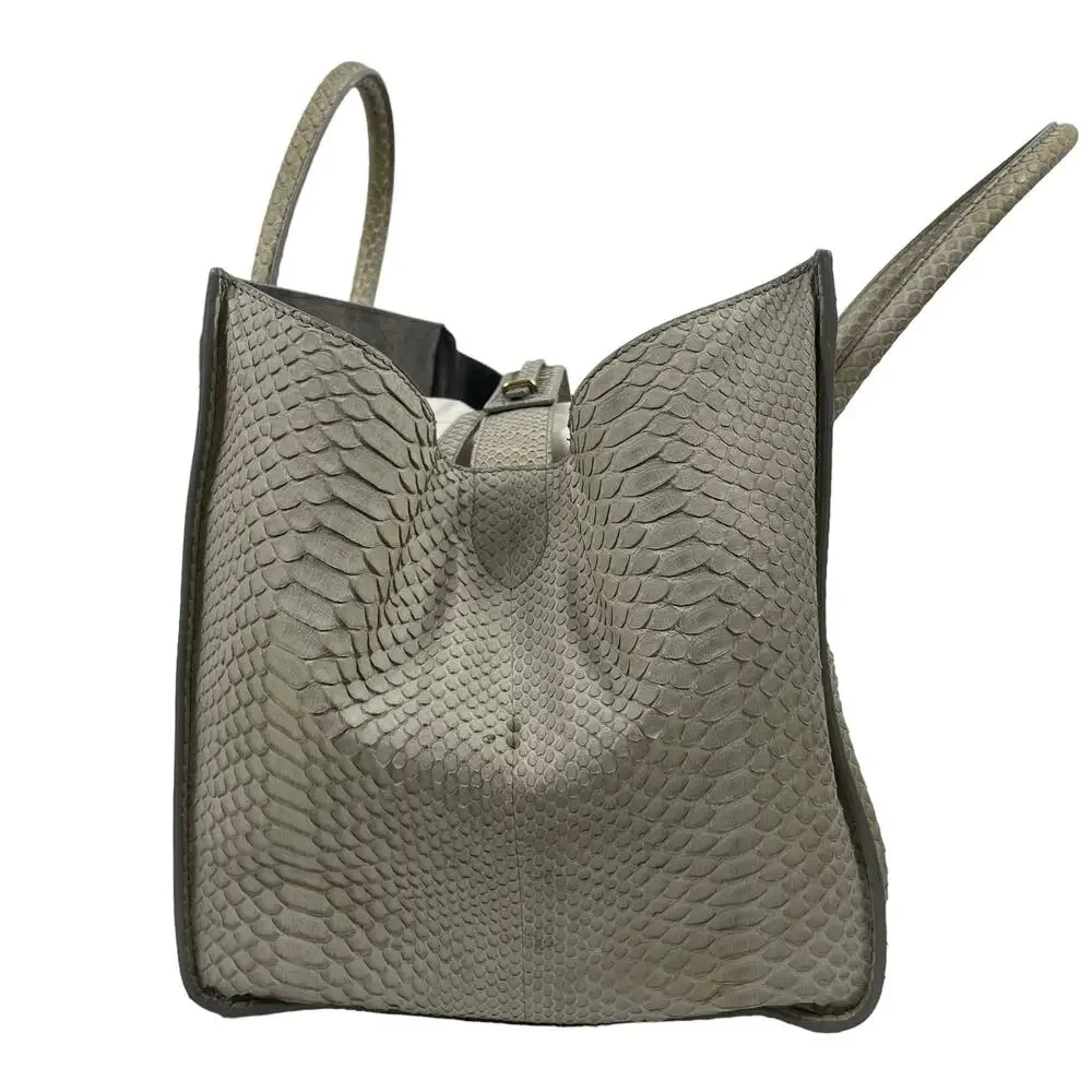 Celine Light Beige Python Embossed Leather Tote with Blue Accent